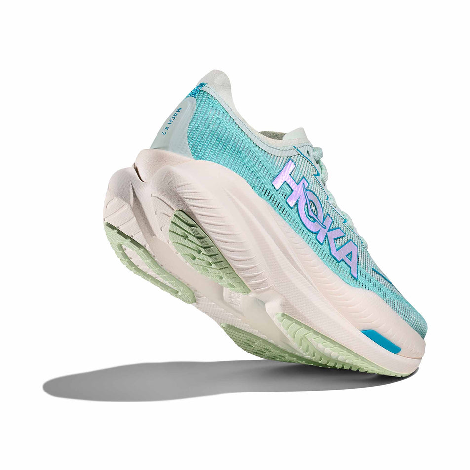 Lateral view - and outsole - of the right shoe from a pair of HOKA Women's Mach X 2 Running Shoes in the Snow Melt/Blue Spark colourway. (8580389666978)