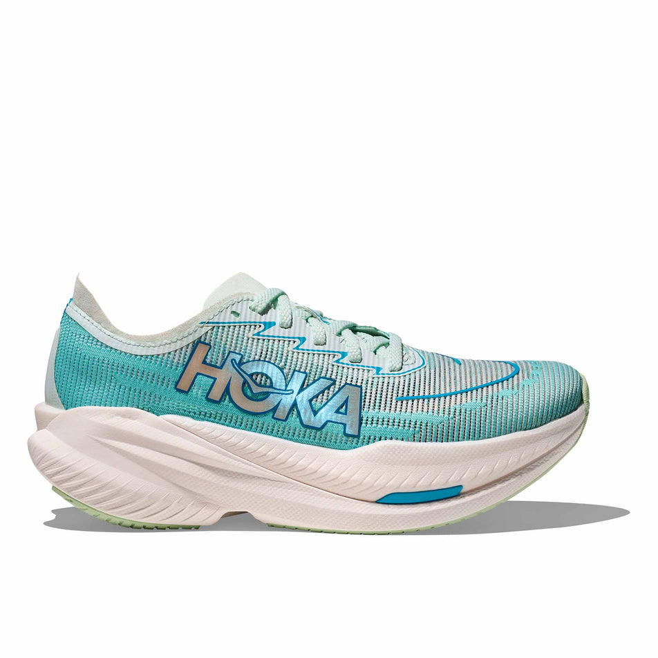 Lateral view of the right shoe from a pair of HOKA Women's Mach X 2 Running Shoes in the Snow Melt/Blue Spark colourway. (8580389666978)