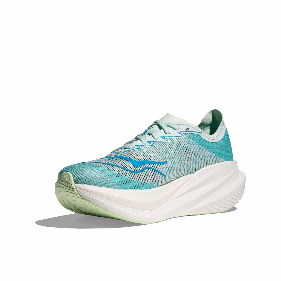 Medial view of the right shoe from a pair of HOKA Women's Mach X 2 Running Shoes in the Snow Melt/Blue Spark colourway. (8580389666978)