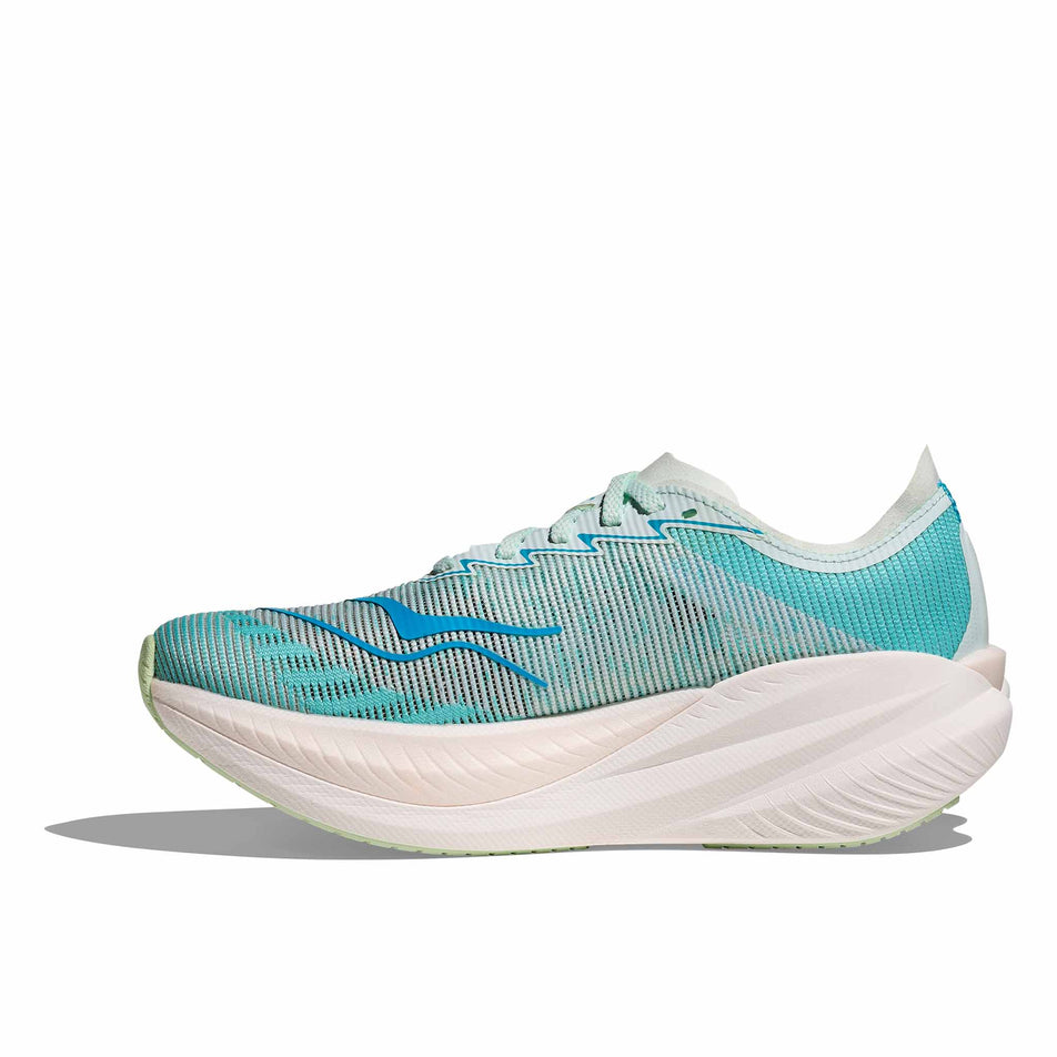 Medial view of the right shoe from a pair of HOKA Women's Mach X 2 Running Shoes in the Snow Melt/Blue Spark colourway. (8580389666978)