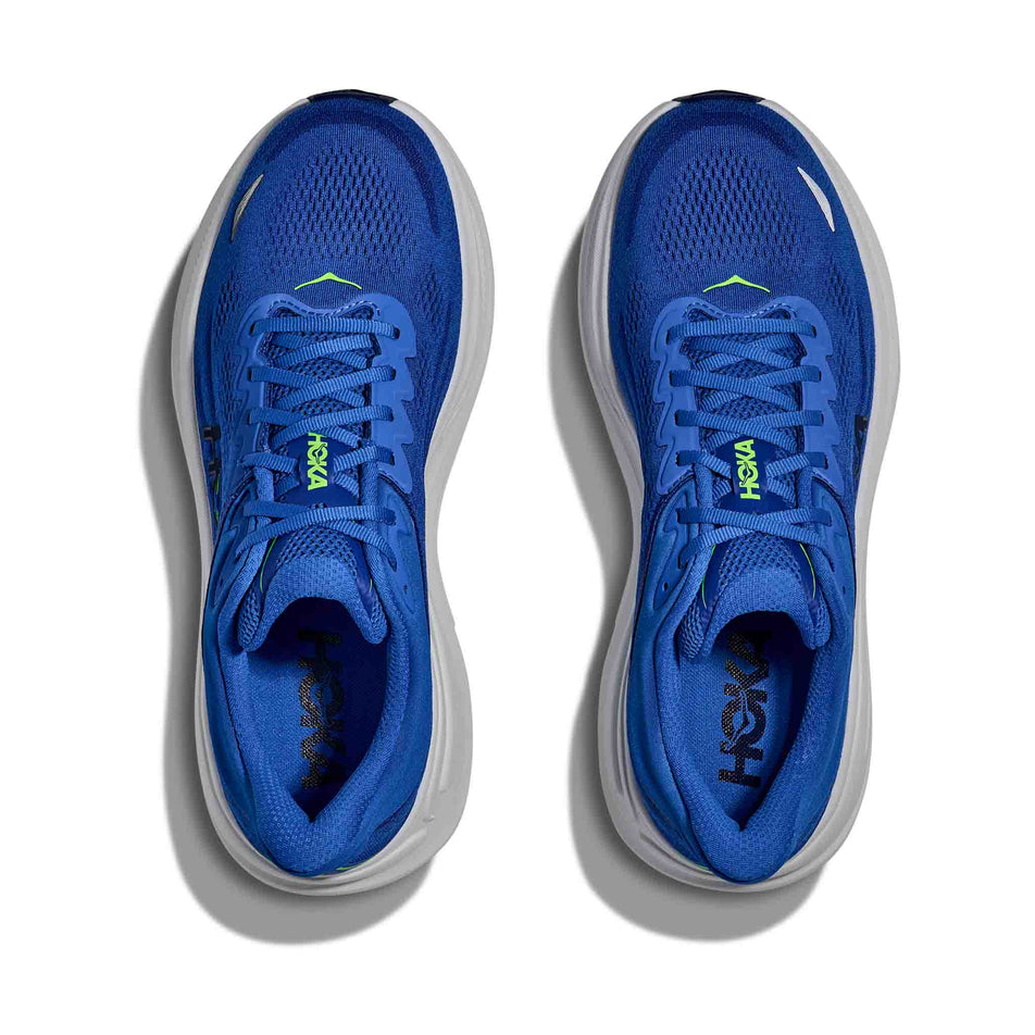 The uppers of a pair of HOKA Men's Bondi 9 Running Shoes in the Cobalt Blue/Ultramarine colourway.