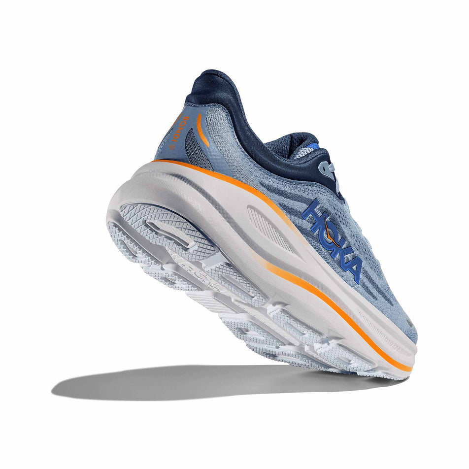 The lateral side - and outsole - of the right shoe from of a pair of HOKA Men's Bondi 9 Running Shoes in the Drizzle/Downpour colourway. (8569184256162)