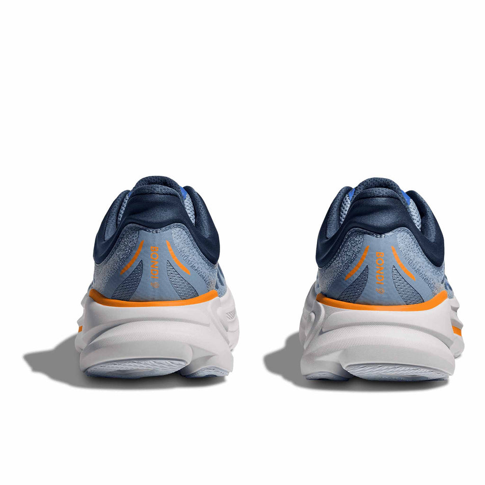 The back of a pair of HOKA Men's Bondi 9 Running Shoes in the Drizzle/Downpour colourway. (8569184256162)