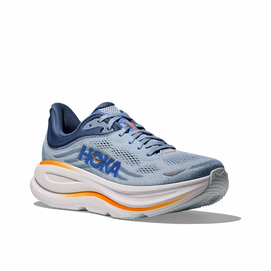 The lateral side of the right shoe from of a pair of HOKA Men's Bondi 9 Running Shoes in the Drizzle/Downpour colourway. (8569184256162)