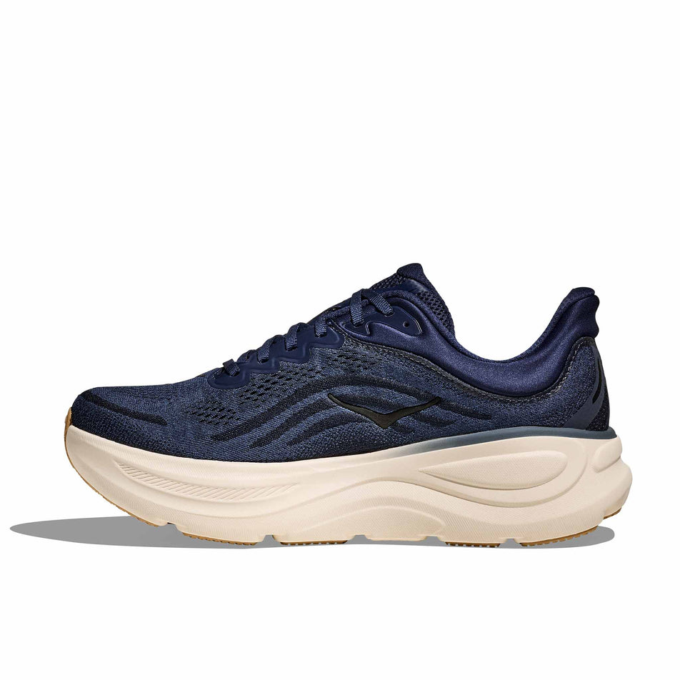 Medial view of the right shoe from a pair of HOKA Men's Bondi 9 Running Shoes in the Midnight Blue/Varsity Navy colourway.