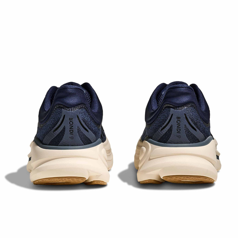The back of a pair of HOKA Men's Bondi 9 Running Shoes in the Midnight Blue/Varsity Navy colourway.