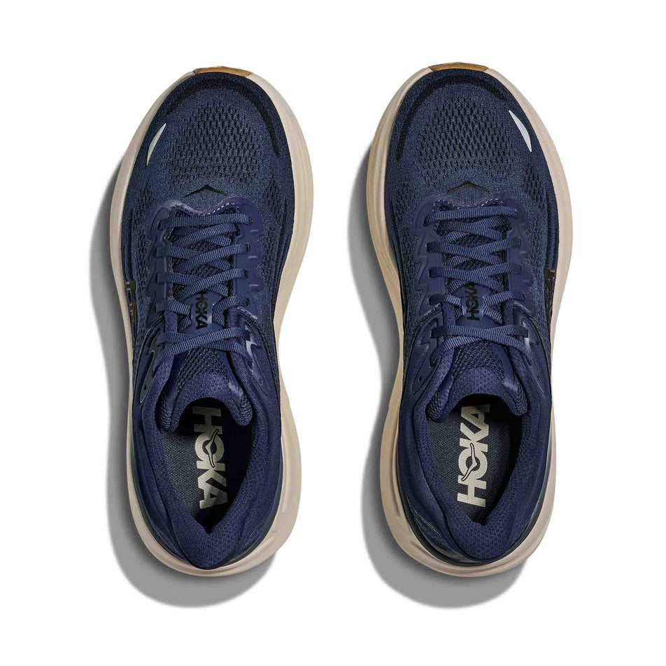 The uppers of a pair of HOKA Men's Bondi 9 Running Shoes in the Midnight Blue/Varsity Navy colourway.