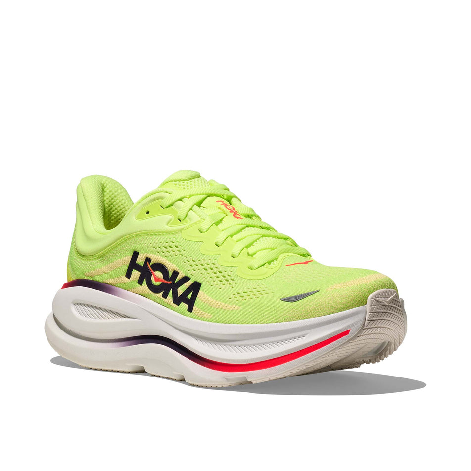Lateral view of the right shoe from a pair of HOKA Men's Bondi 9 Running Shoes in the Neon Yuzu/Sunlight colourway.