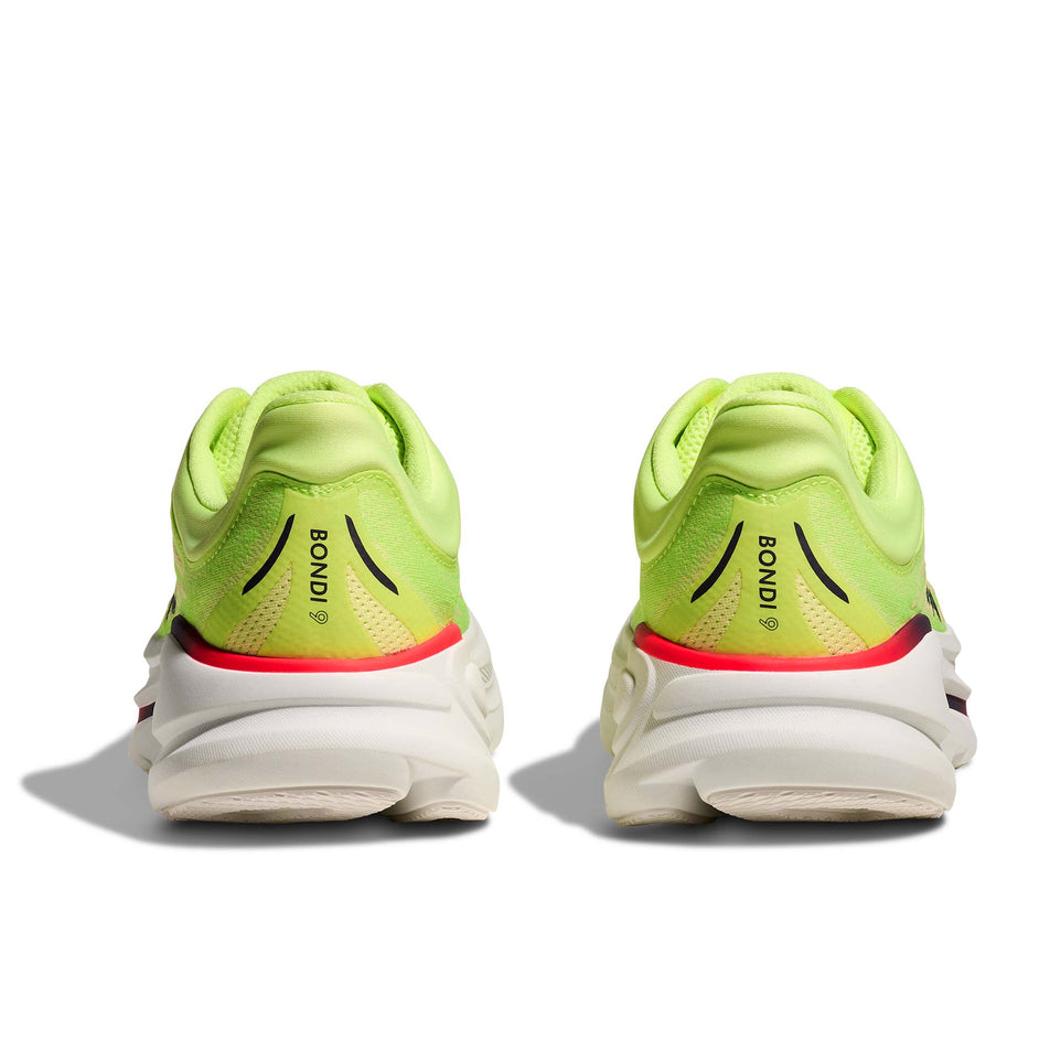The back of a pair of HOKA Men's Bondi 9 Running Shoes in the Neon Yuzu/Sunlight colourway.