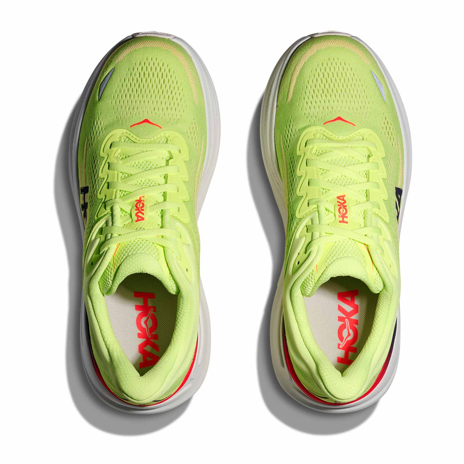 The uppers of a pair of HOKA Men's Bondi 9 Running Shoes in the Neon Yuzu/Sunlight colourway.