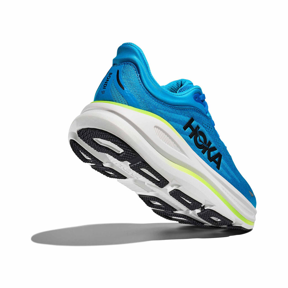 Lateral - and outsole - view of the right shoe from a pair of HOKA Men's Bondi 9 Running Shoes in the Skyward Blue/Hoka Blue colourway. (8689200267426)