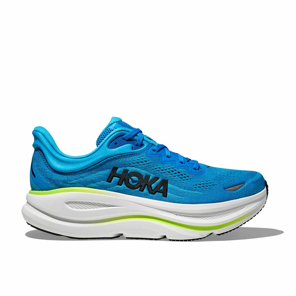 Lateral view of the right shoe from a pair of HOKA Men's Bondi 9 Running Shoes in the Skyward Blue/Hoka Blue colourway. (8689200267426)