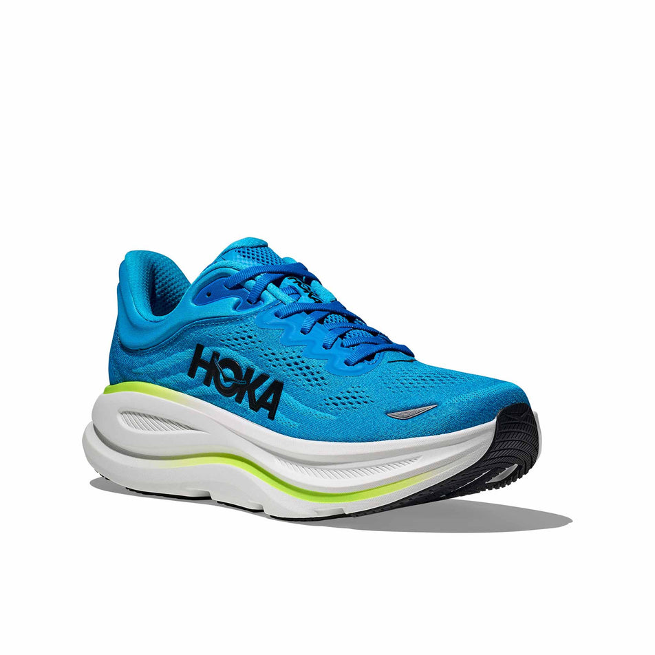 Lateral view of the right shoe from a pair of HOKA Men's Bondi 9 Running Shoes in the Skyward Blue/Hoka Blue colourway. (8689200267426)