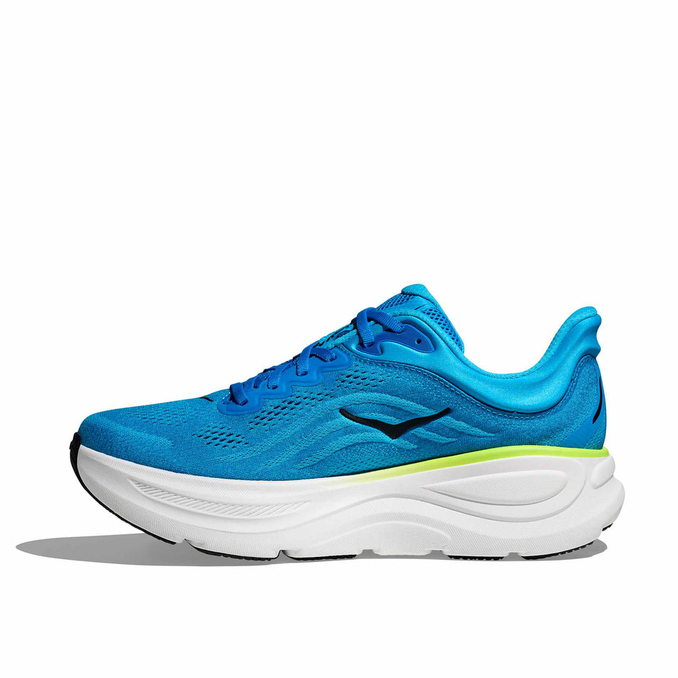 Medial view of the right shoe from a pair of HOKA Men's Bondi 9 Running Shoes in the Skyward Blue/Hoka Blue colourway. (8689200267426)