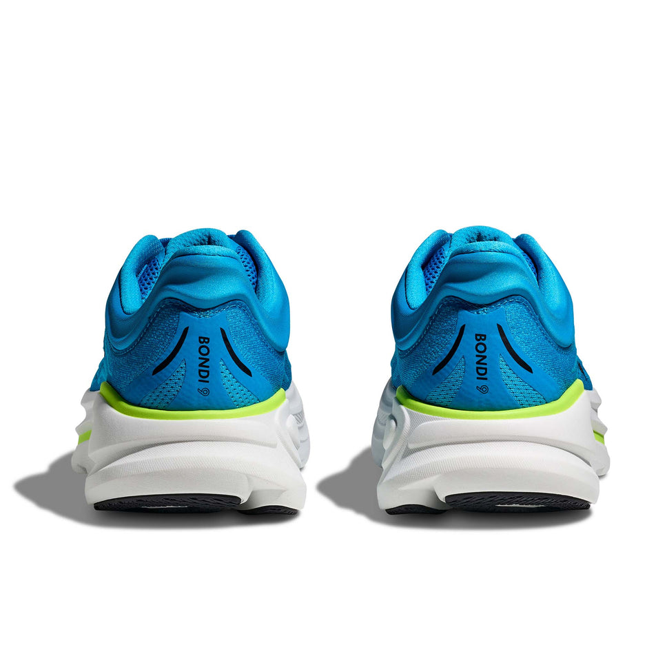 The back of a pair of HOKA Men's Bondi 9 Running Shoes in the Skyward Blue/Hoka Blue colourway. (8689200267426)