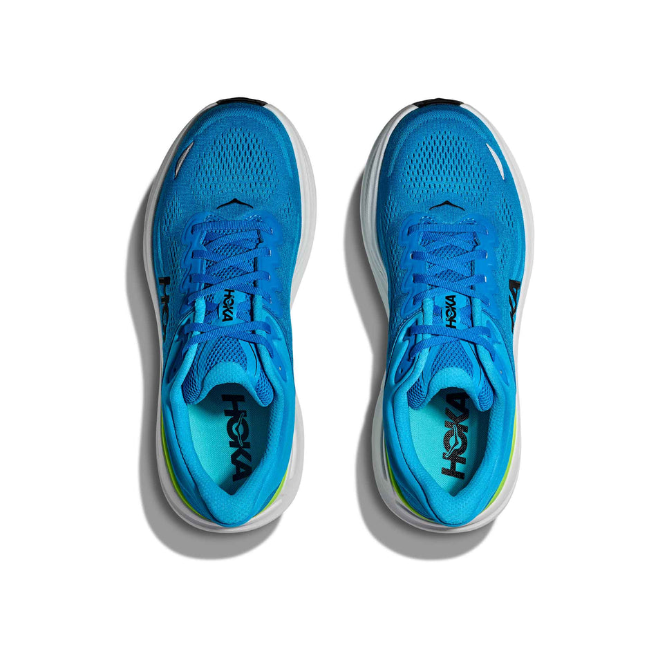 The uppers of a pair of HOKA Men's Bondi 9 Running Shoes in the Skyward Blue/Hoka Blue colourway. (8689200267426)