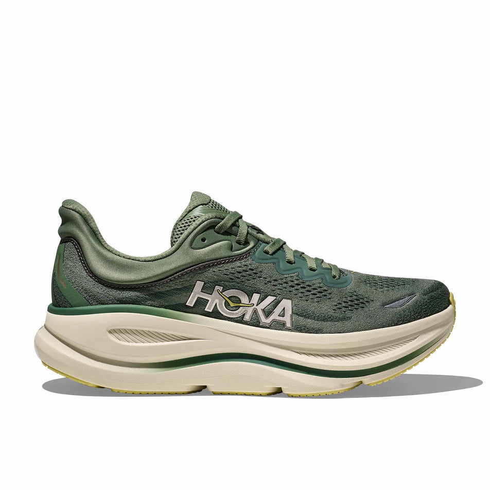Lateral view of the right shoe from a pair of HOKA Men's Bondi 9 Running Shoes in the Succulent/Fern colourway. (8689203642530)