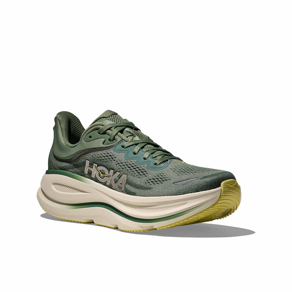 Lateral view of the right shoe from a pair of HOKA Men's Bondi 9 Running Shoes in the Succulent/Fern colourway. (8689203642530)