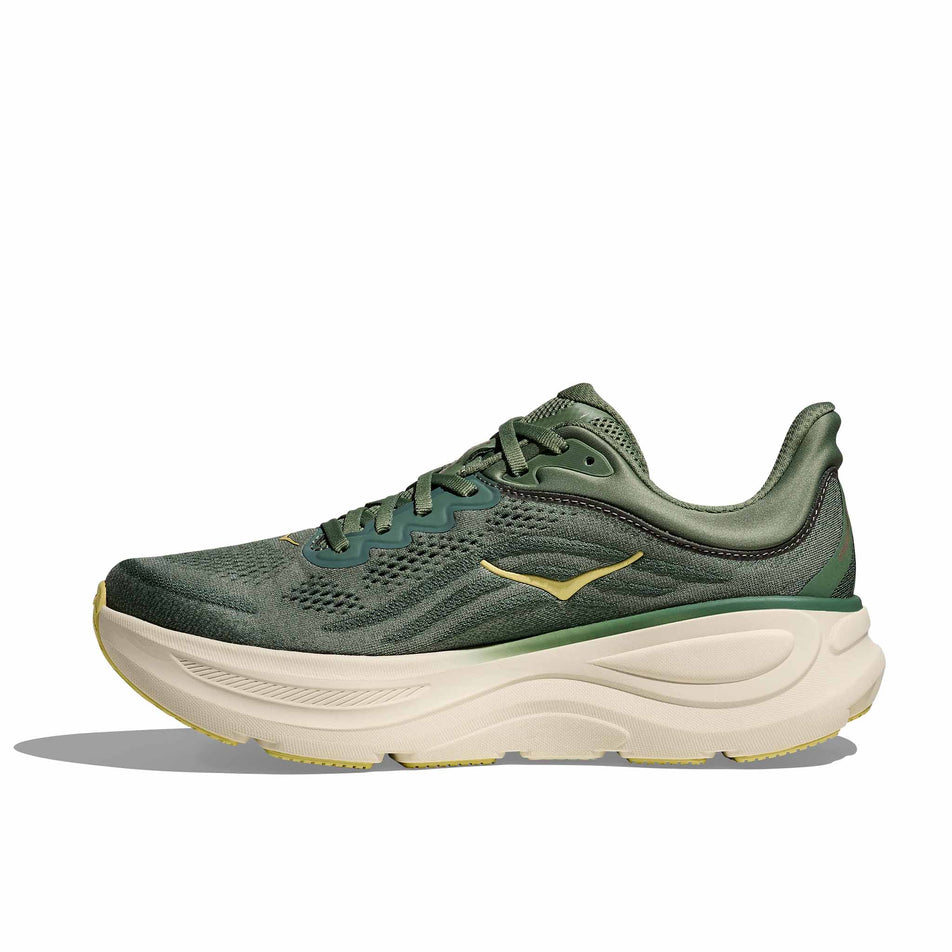 Medial view of the right shoe from a pair of HOKA Men's Bondi 9 Running Shoes in the Succulent/Fern colourway. (8689203642530)