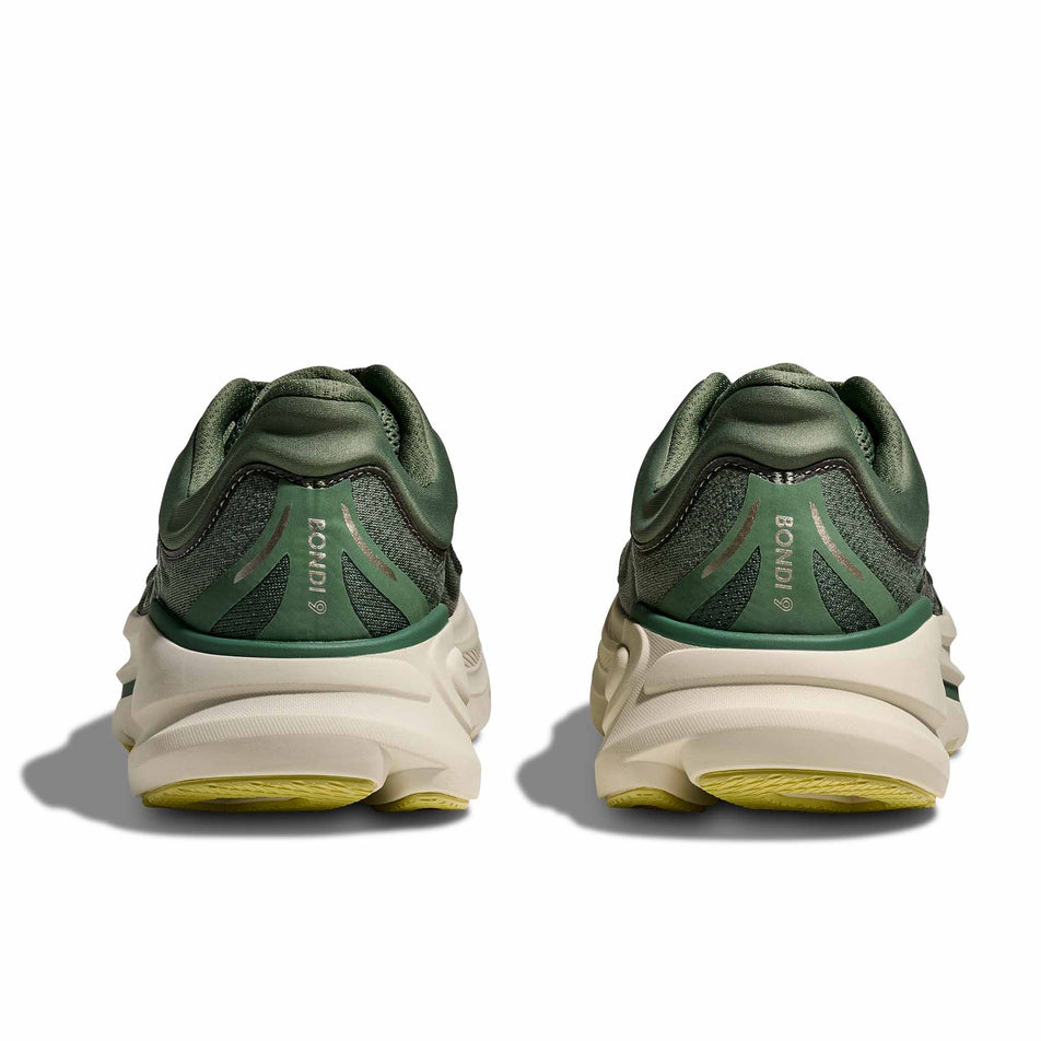 The back of a pair of HOKA Men's Bondi 9 Running Shoes in the Succulent/Fern colourway. (8689203642530)