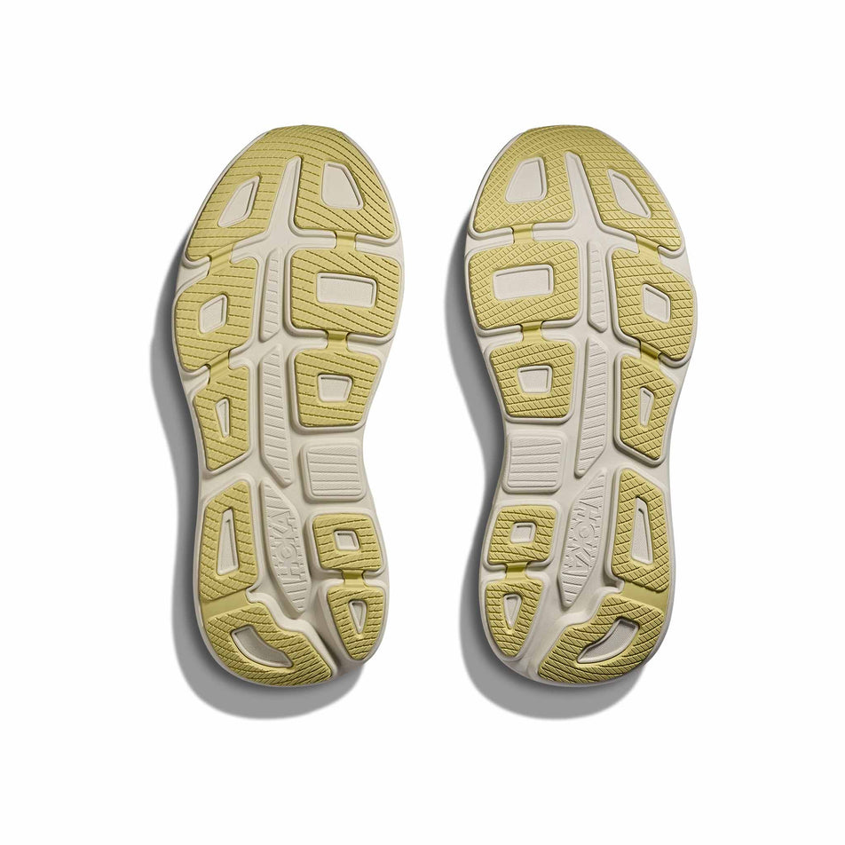 The outsoles of a pair of HOKA Men's Bondi 9 Running Shoes in the Succulent/Fern colourway. (8689203642530)