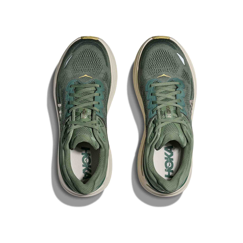 The uppers of a pair of HOKA Men's Bondi 9 Running Shoes in the Succulent/Fern colourway. (8689203642530)
