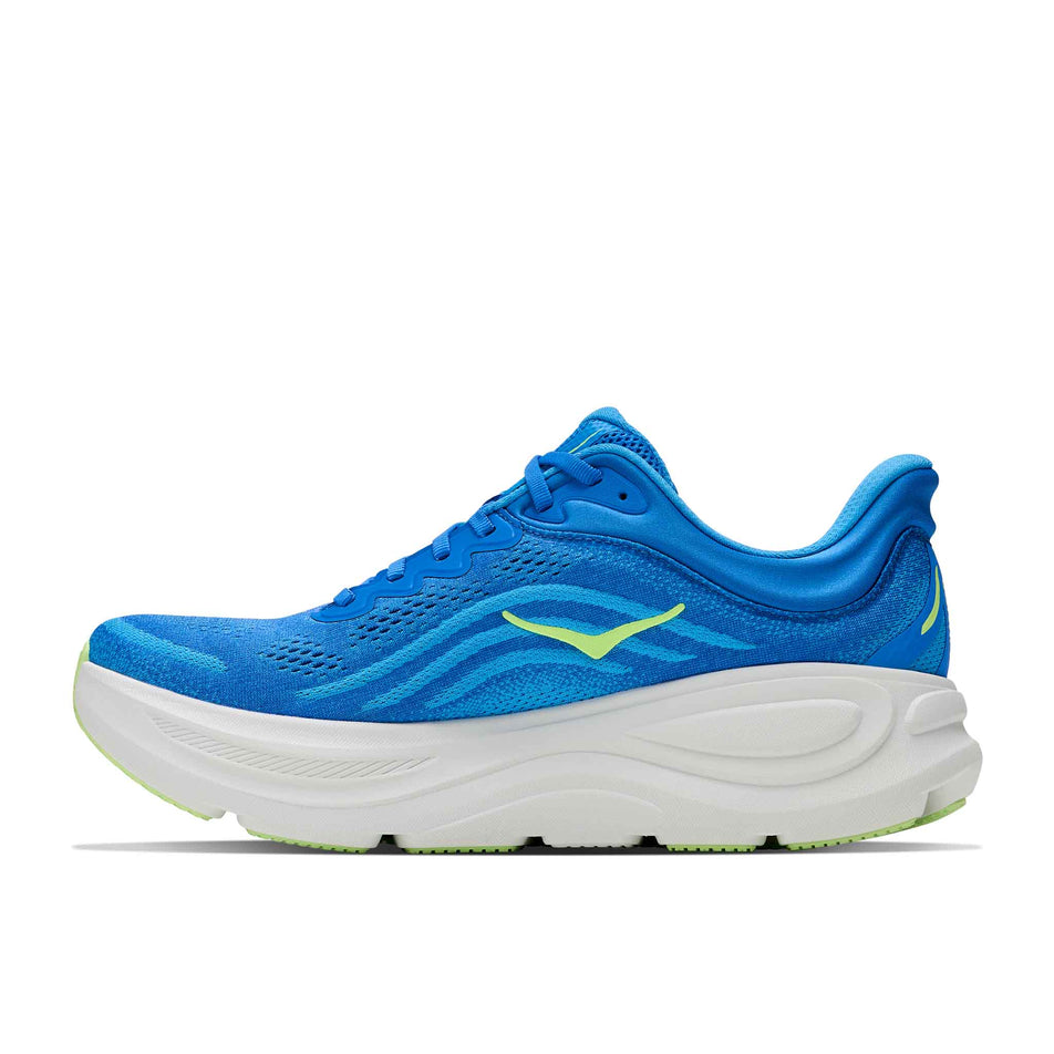 Medial view of the right shoe from a pair of HOKA Men's Bondi 9 Running Shoes in the Virtual Blue/Soft Cobalt colourway.