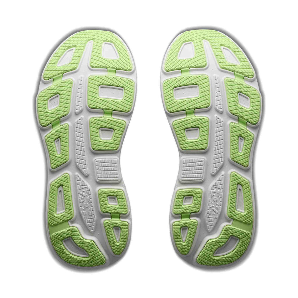 The outsoles of a pair of HOKA Men's Bondi 9 Running Shoes in the Virtual Blue/Soft Cobalt colourway.