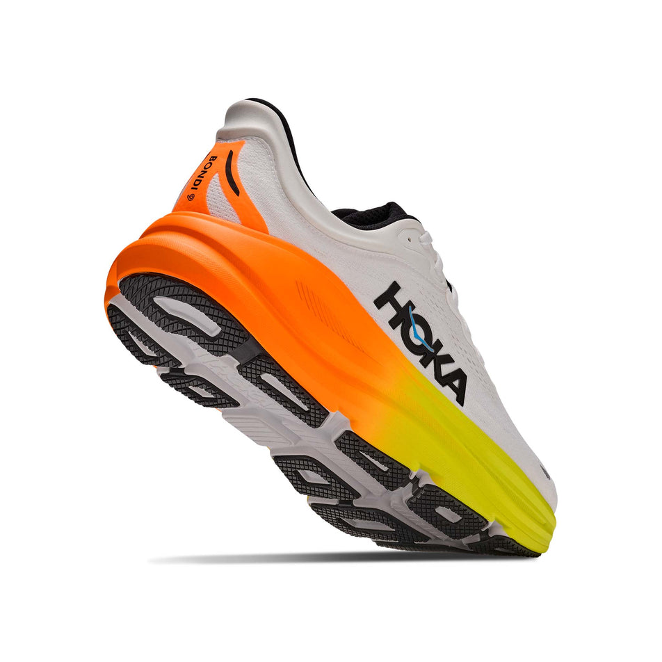 Lateral - and outsole - view of the right shoe from a pair of HOKA Men's Bondi 9 Running Shoes in the White/Neon Tangerine colourway.
