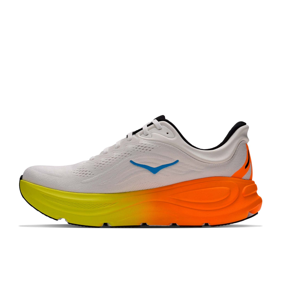 Medial view of the right shoe from a pair of HOKA Men's Bondi 9 Running Shoes in the White/Neon Tangerine colourway.