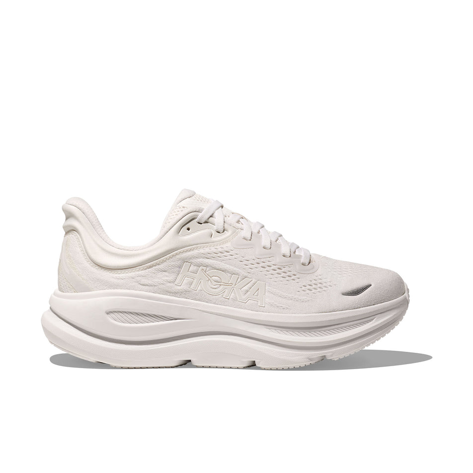 Lateral side of the right shoe from a pair of HOKA Men's Bondi 9 Running Shoes in the White/White colourway. (8580377673890)