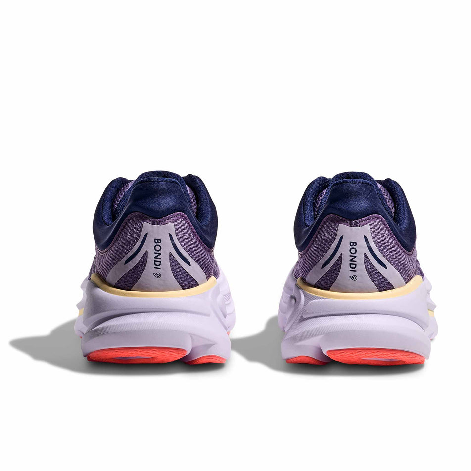 The back of a pair of HOKA Women's Bondi 9 Running Shoes in the Berry Jam/Berry Patch colourway.