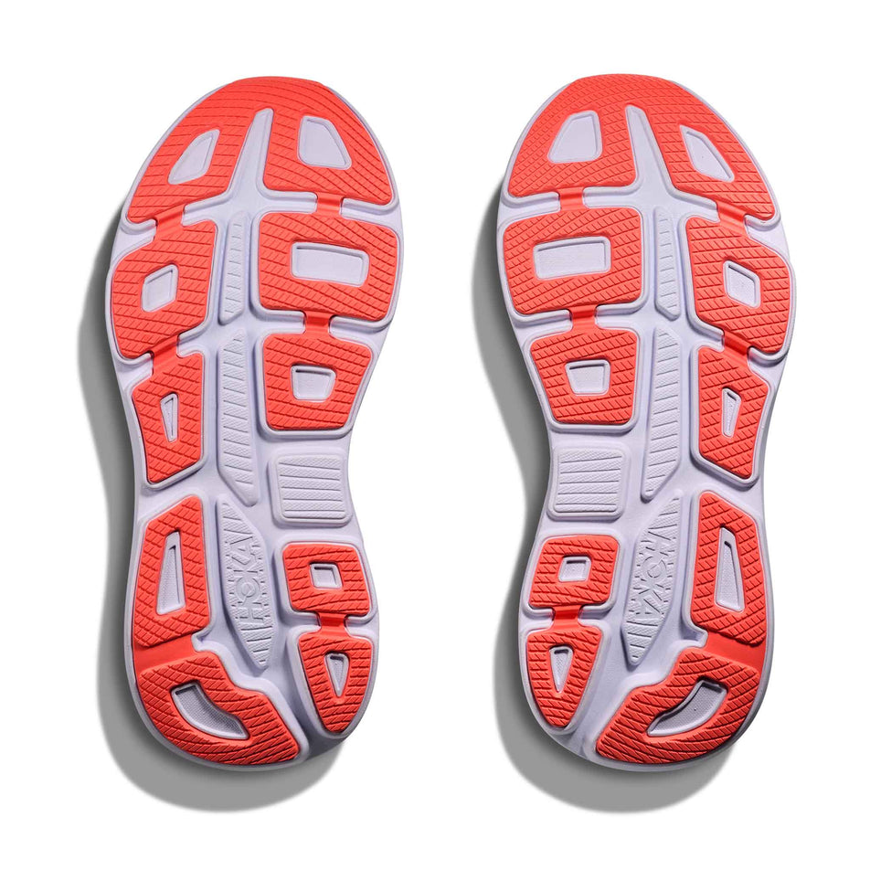 The outsoles of a pair of HOKA Women's Bondi 9 Running Shoes in the Berry Jam/Berry Patch colourway.