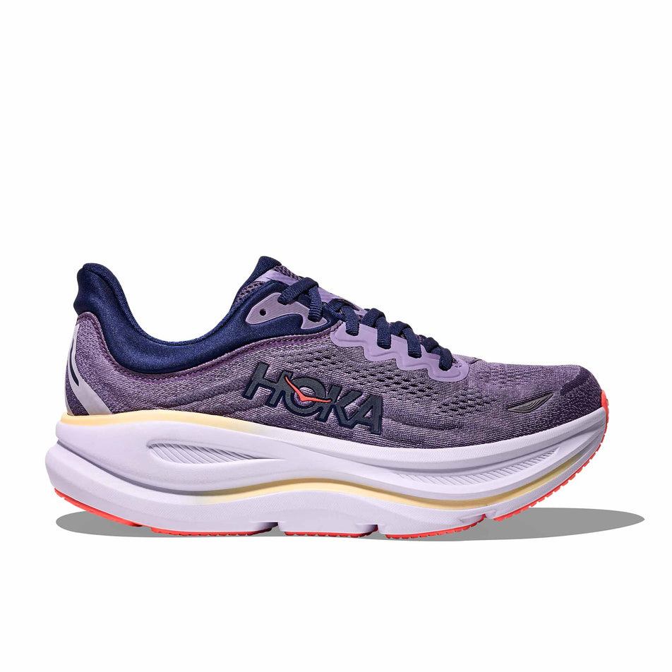 Lateral view of the right shoe from a pair of HOKA Women's Bondi 9 Running Shoes in the Berry Jam/Berry Patch colourway.