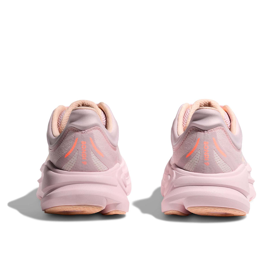 The back of a pair of HOKA Women's Bondi 9 Running Shoes in the Lilac Cream/Tangerine Glow colourway.