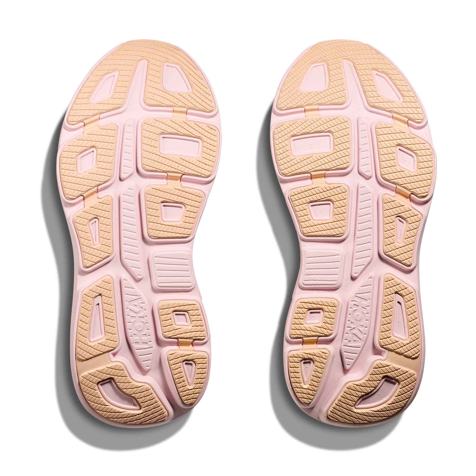 The outsole of a pair of HOKA Women's Bondi 9 Running Shoes in the Lilac Cream/Tangerine Glow colourway.