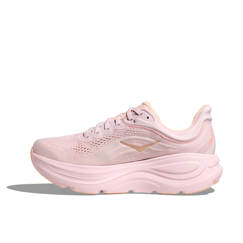 Medial view of the right shoe from a pair of HOKA Women's Bondi 9 Running Shoes in the Lilac Cream/Tangerine Glow colourway.