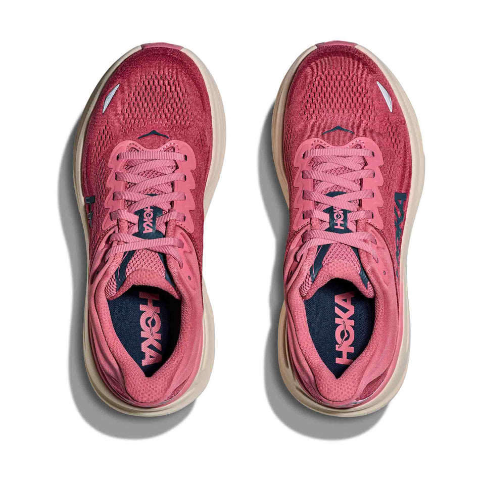 The uppers of a pair of HOKA Women's Bondi 9 Running Shoes in the Lingonberry/Cranberry colourway.