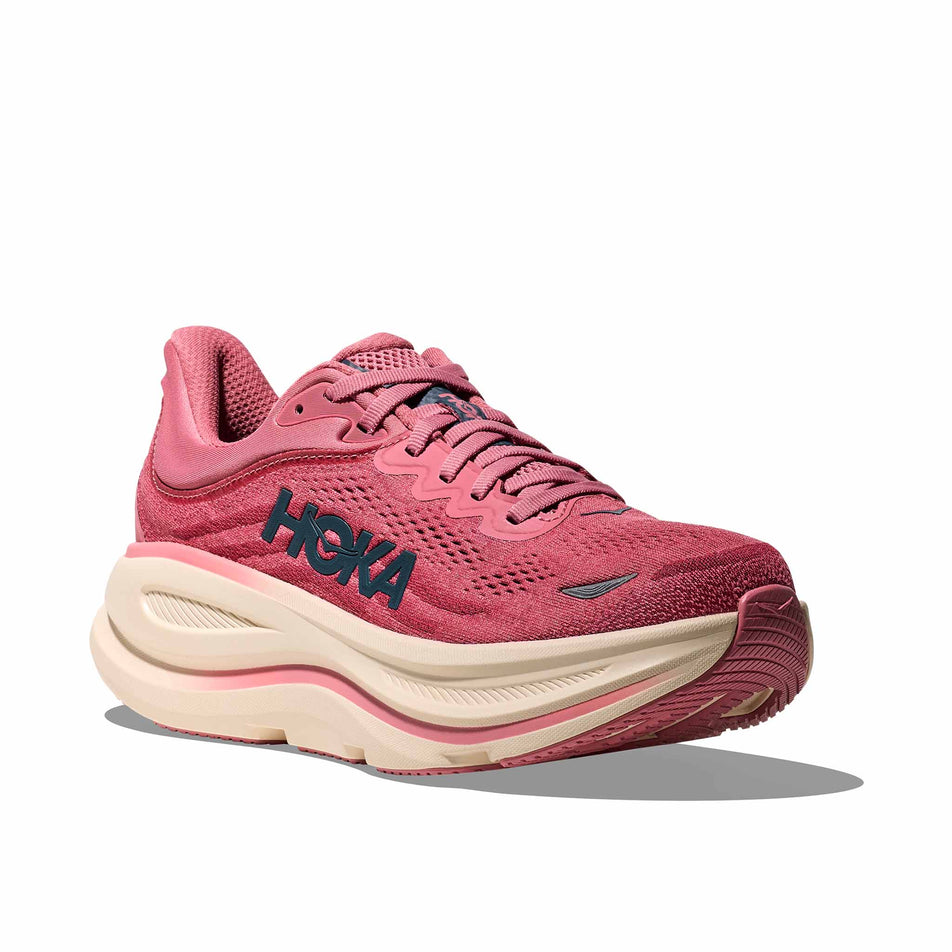 Lateral view of the right shoe from a pair of HOKA Women's Bondi 9 Running Shoes in the Lingonberry/Cranberry colourway.