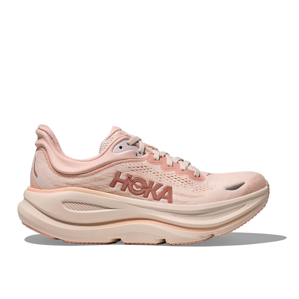 Lateral view of the right shoe from a pair of HOKA Women's Bondi 9 Running Shoes in the Rose Latte/Rose Cream colourway. (8689288937634)