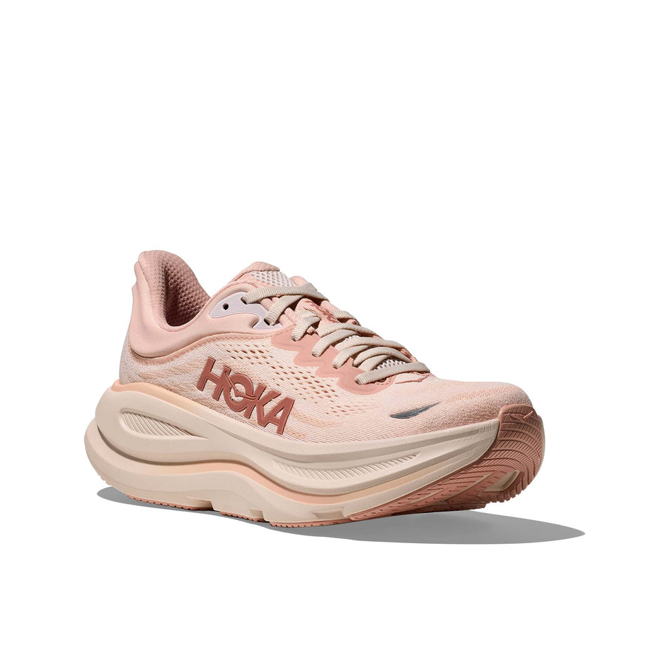 Lateral view of the right shoe from a pair of HOKA Women's Bondi 9 Running Shoes in the Rose Latte/Rose Cream colourway. (8689288937634)