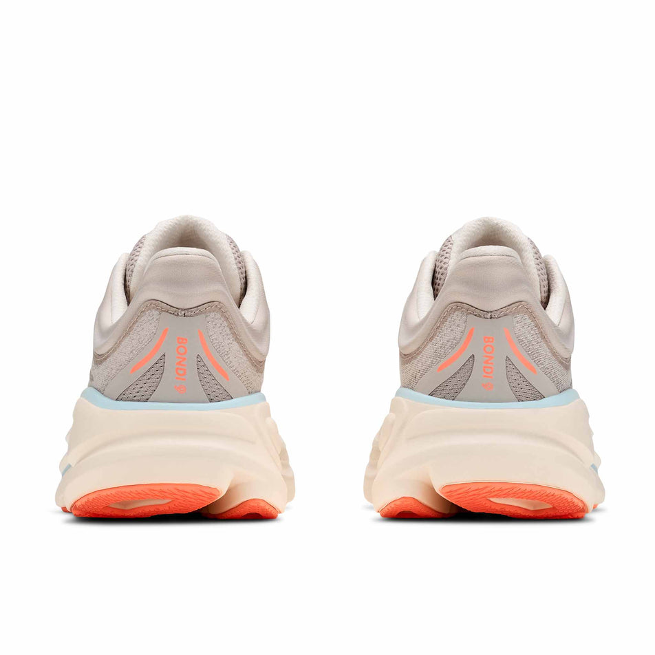 The back of a pair of HOKA Women's Bondi 9 Running Shoes in the River Rock Grey/Mineral Ore colourway.