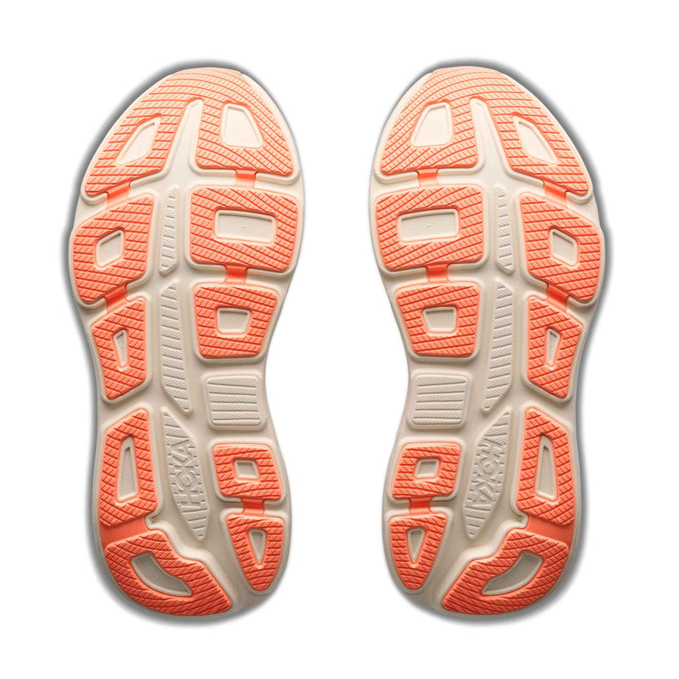 The outsoles of a pair of HOKA Women's Bondi 9 Running Shoes in the River Rock Grey/Mineral Ore colourway.