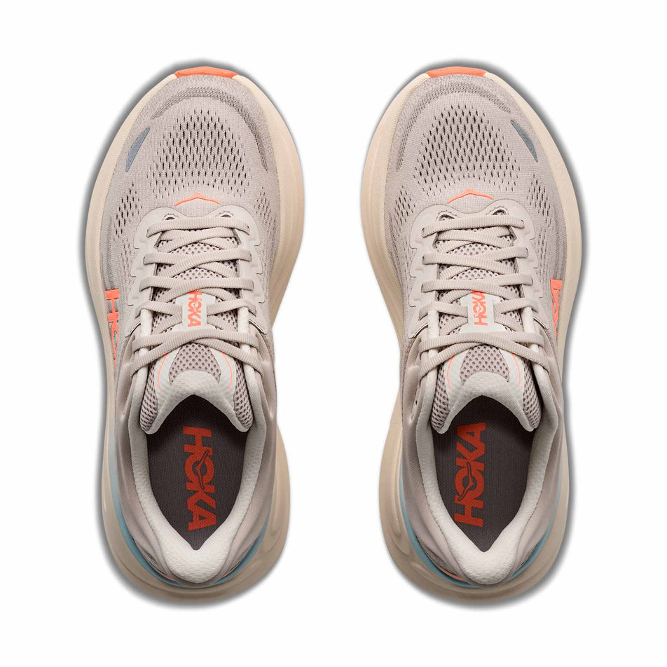 The uppers of a pair of HOKA Women's Bondi 9 Running Shoes in the River Rock Grey/Mineral Ore colourway.
