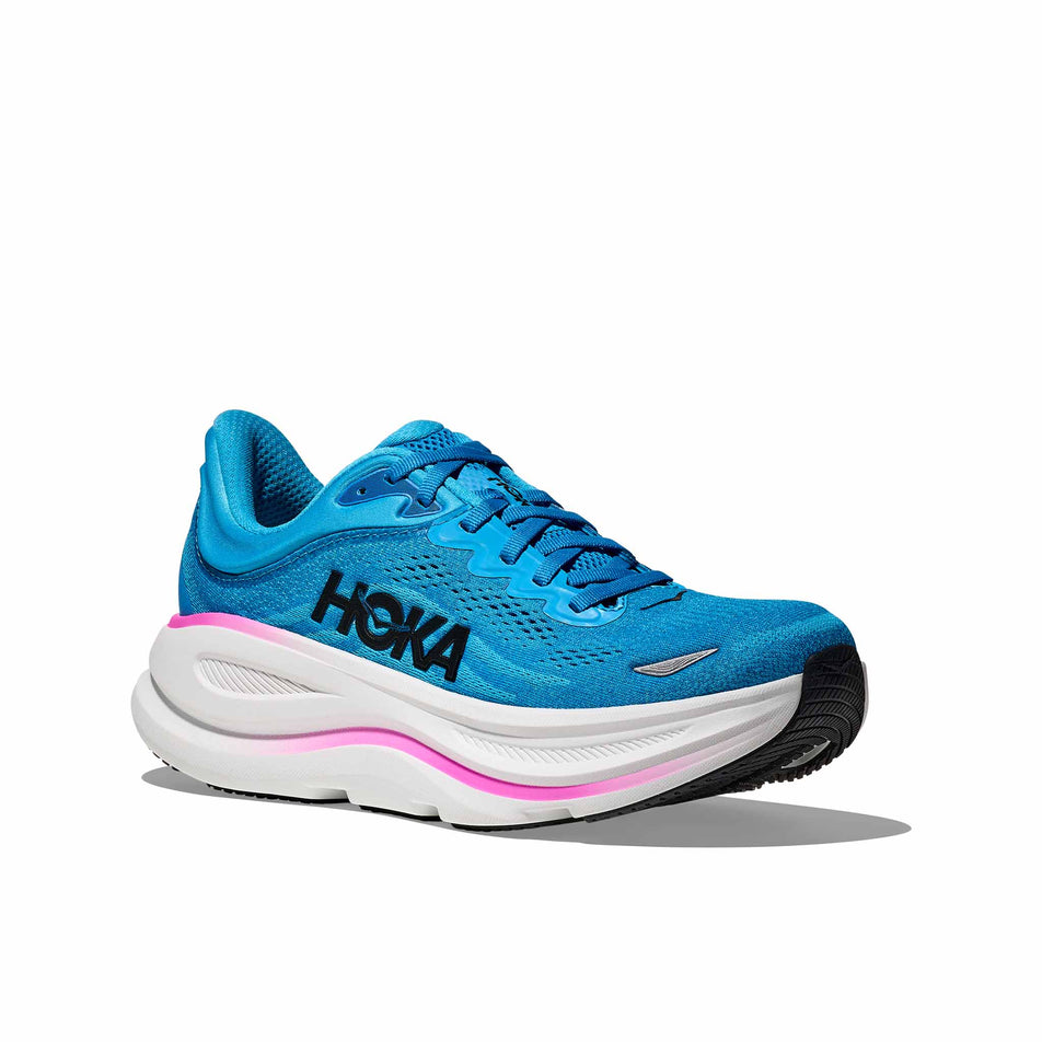 Lateral view of the right shoe from a pair of HOKA Women's Bondi 9 Running Shoes in the Skyward Blue/Neon Fuchsia colourway. (8689287463074)