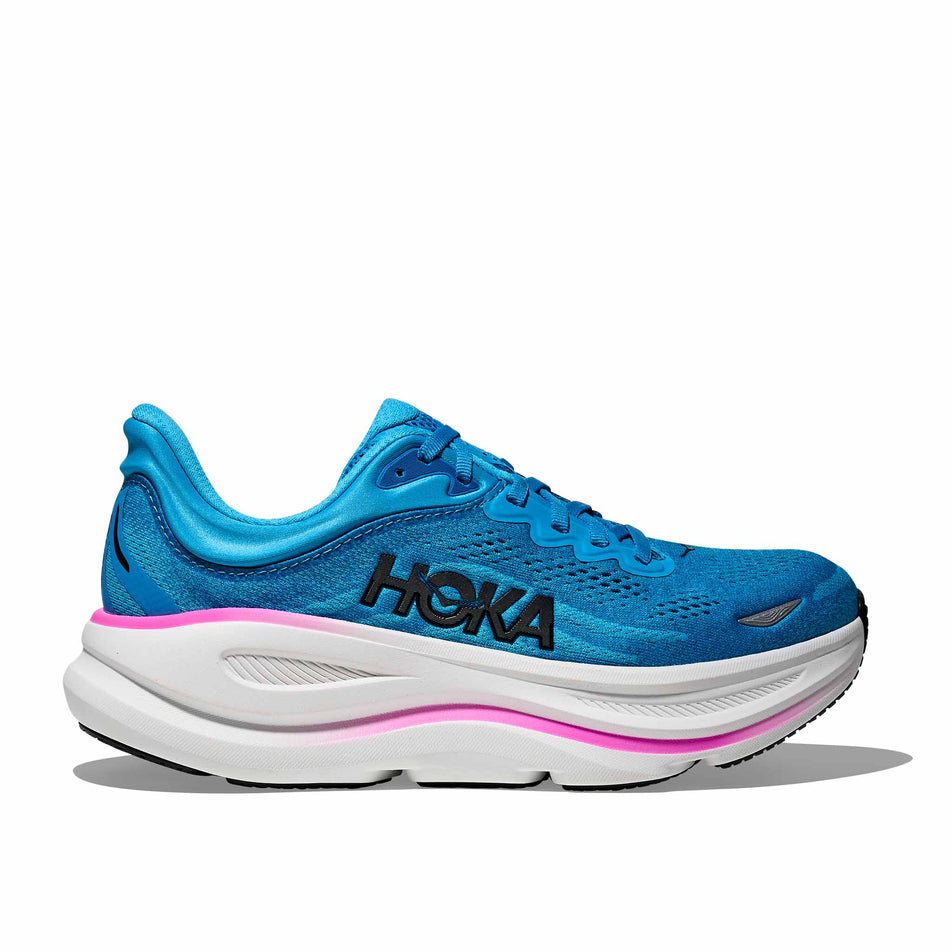 Lateral view of the right shoe from a pair of HOKA Women's Bondi 9 Running Shoes in the Skyward Blue/Neon Fuchsia colourway. (8689287463074)