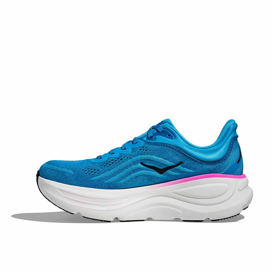 Medial view of the right shoe from a pair of HOKA Women's Bondi 9 Running Shoes in the Skyward Blue/Neon Fuchsia colourway. (8689287463074)