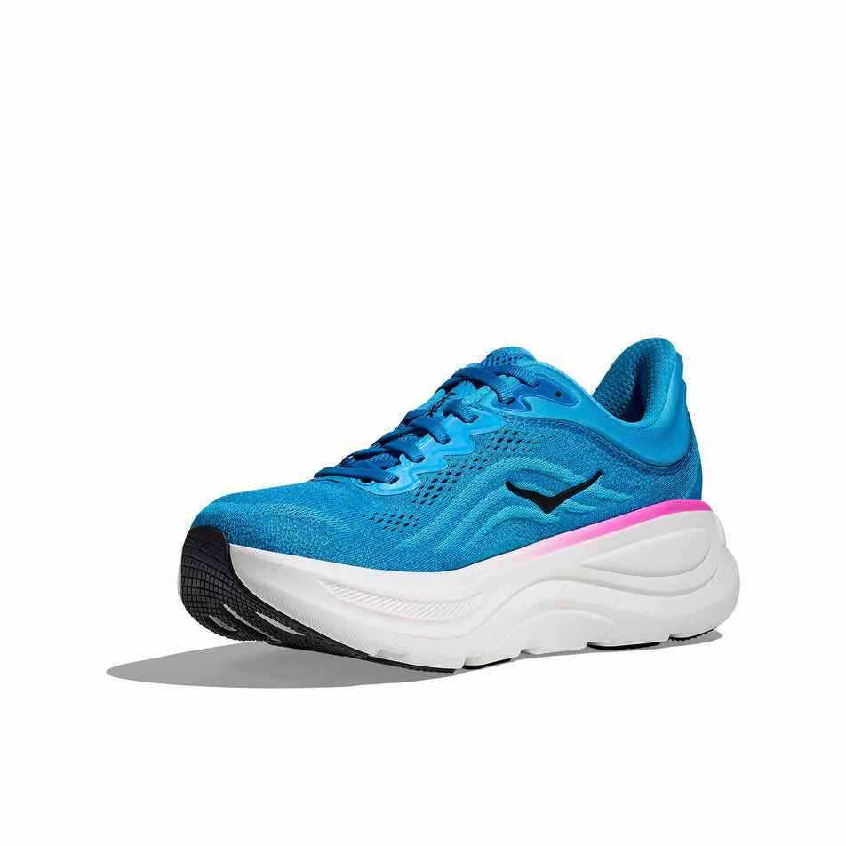 Medial view of the right shoe from a pair of HOKA Women's Bondi 9 Running Shoes in the Skyward Blue/Neon Fuchsia colourway. (8689287463074)