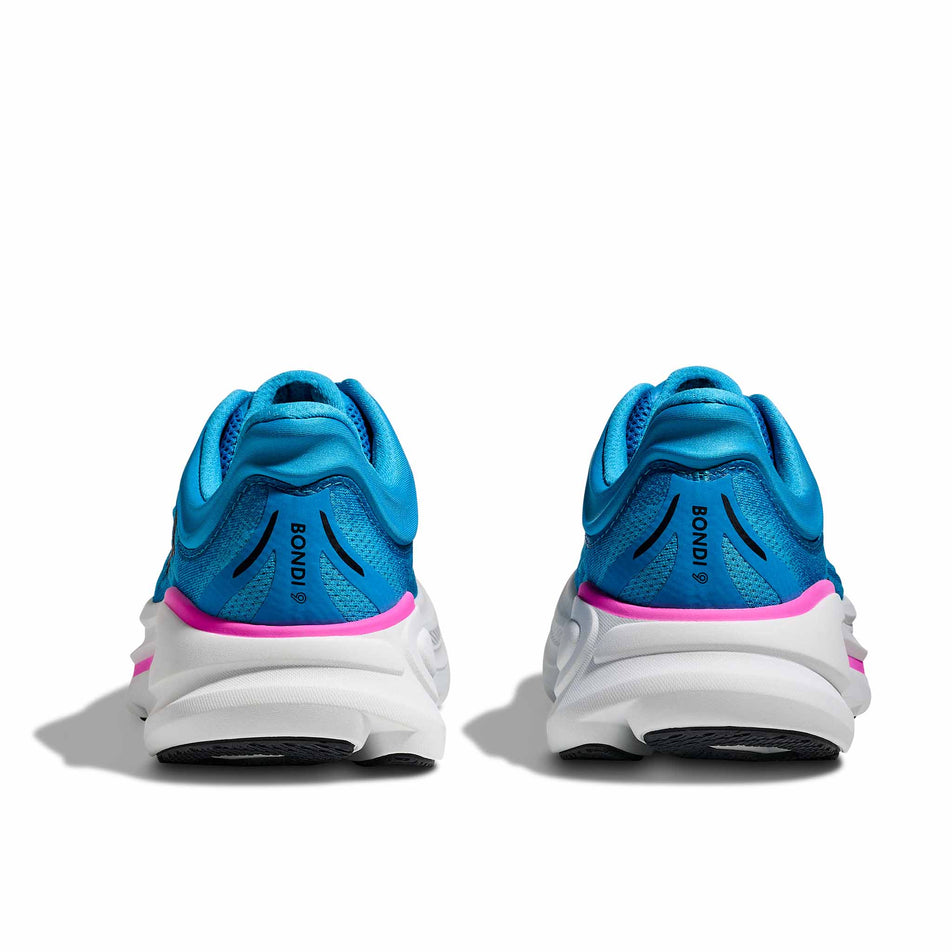 The back of a pair of HOKA Women's Bondi 9 Running Shoes in the Skyward Blue/Neon Fuchsia colourway. (8689287463074)