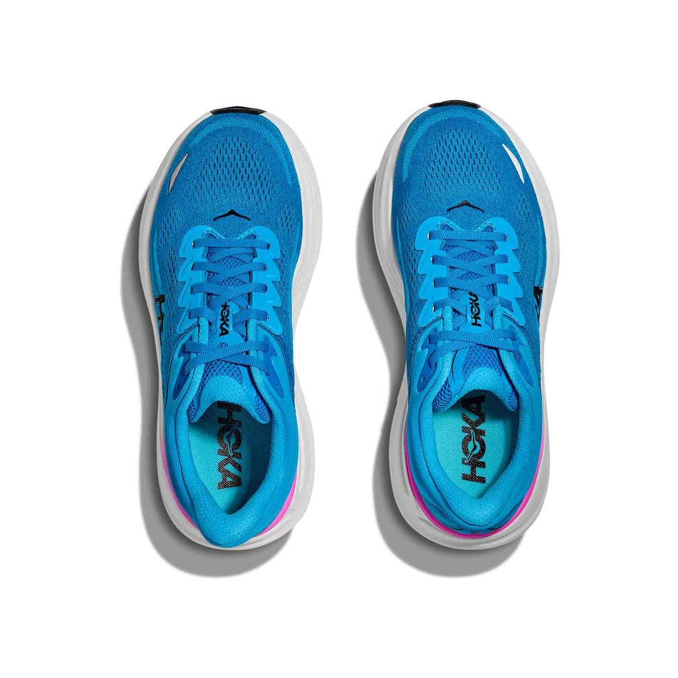 The uppers of a pair of HOKA Women's Bondi 9 Running Shoes in the Skyward Blue/Neon Fuchsia colourway. (8689287463074)